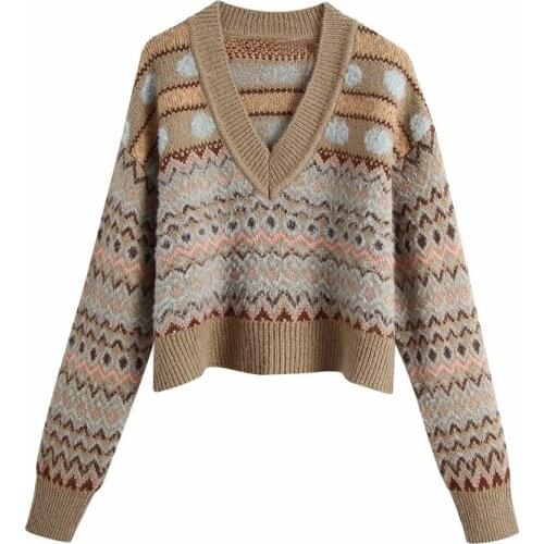 Vintage Women Cascading Striped Sweaters 2020 Fashion Ladies V-Neck Knitted Tops Streetwear Female Short Loose Pullovers