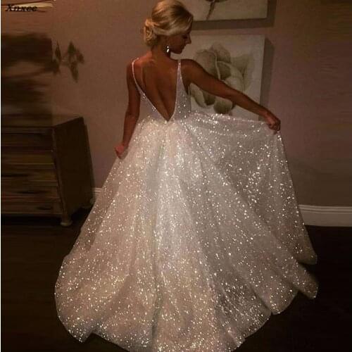 Women Sleeveless 2018 New White Backless Sequins Formal Bridesmaid Elegant Female Long Party Ball Prom Gown Voile long Dresses