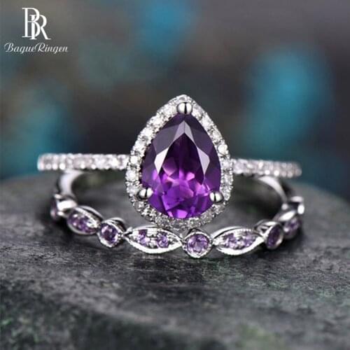 Bague Ringen Amethyst Ring for Women Silver 925 Jewelry Water Drop Shaped Gemstones Two Piece Suit Female Wedding Party Rings