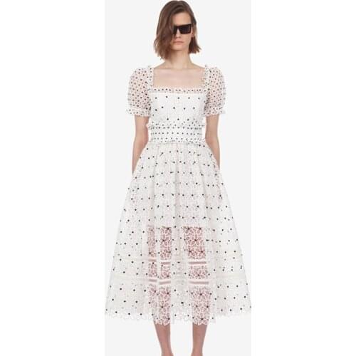 Self Portrait Summer Women Dress Elegant Polka-Dot Square Collar Crochet Hollow Out Lace Dress Female Short Sleeve Party Vestido