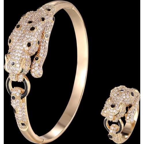 Zlxgirl Copper pave cubic zircon leopard Bracelet with ring Jewelry Europe Design gold Jet Enamel Animal Love Bangles ring set