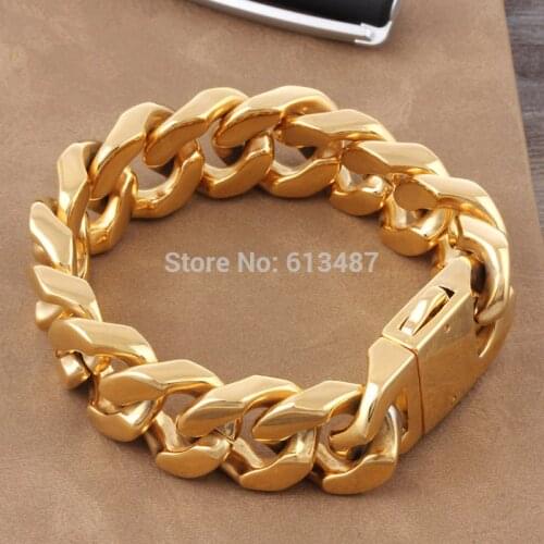 8.66" 20mm Hot Sale! Fashion Heavy Strong Men Curb Chain Gold Stainless Steel Bracelet Bangle, High Quality