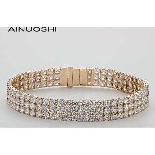 AINUOSHI 14K Yellow Gold 2.75mm Round Cut SONA Diamond Luxury 3 Row Tennis Bracelet for Women Hip Hop Vintage Bracelet 7"/9"
