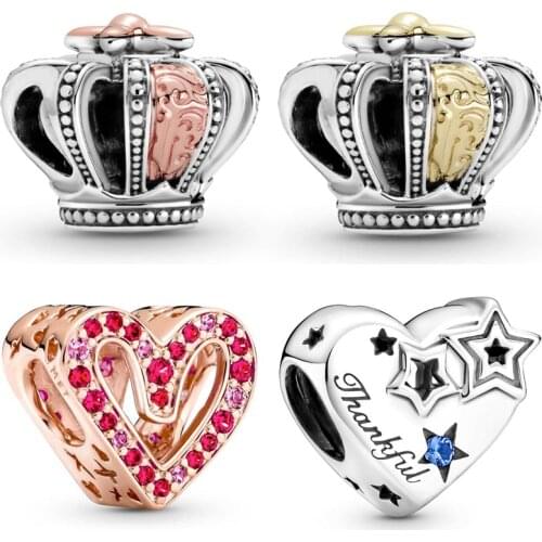 Sparkling Red & Pink Freehand Heart & Stars Two-tone Regal Crown Bead 925 Sterling Silver Charm Fit Europe Bracelet DIY Jewelry