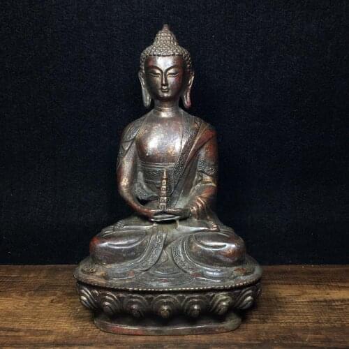 Home Decor 8" Tibet Buddhism Temple Old Bronze Cinnabars Shakyamuni Buddha Statue Buddha holding stupa Enshrine the Buddha