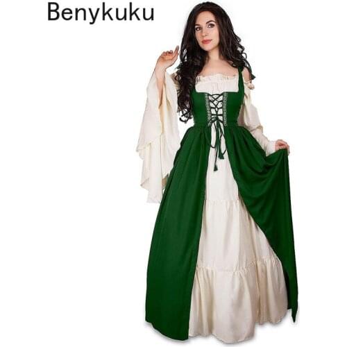 Two-Piece Set Square Collar Bundle Corset Medieval Renaissance Vintage Dress Woman Elegant Evening Long Gown 2021 Women Clothes