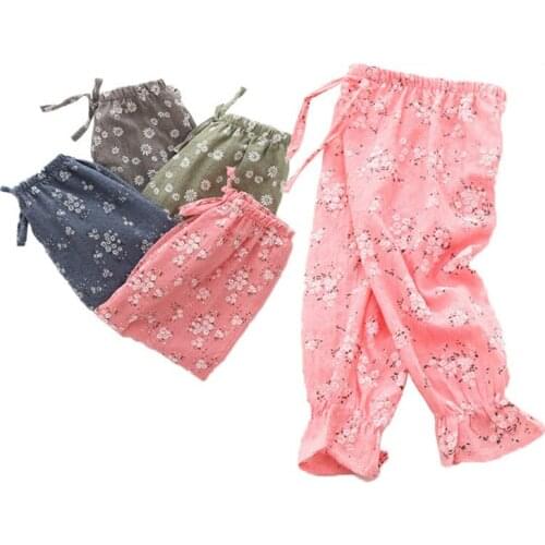 Summer Harem Pants For Baby Girl Clothes Cotton And Linen Pants Trousers Ankle-length Flower Print Pants Children Leggings