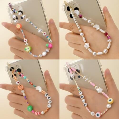 2021 New Colorful Acrylic Bead Smile Mobile Phone Chain CellPhone Strap Anti-Lost Lanyard For Women Bohemia Jewelry