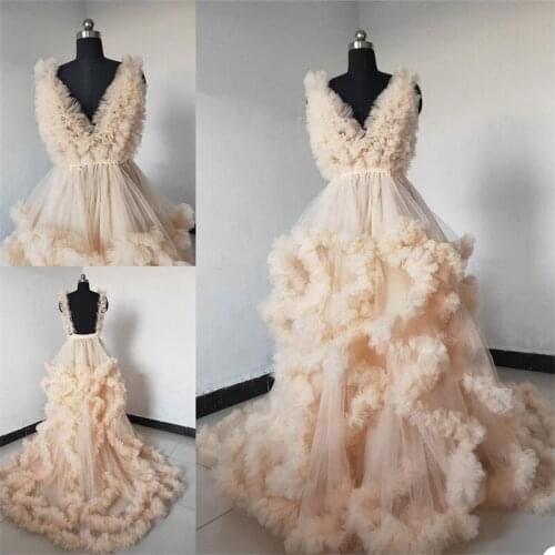 Real Image Pajamas Ruffles Tulle Wedding Bath Gown Modern V Neck Bathrobe Bridal Robe Custom Made Women Nightgown