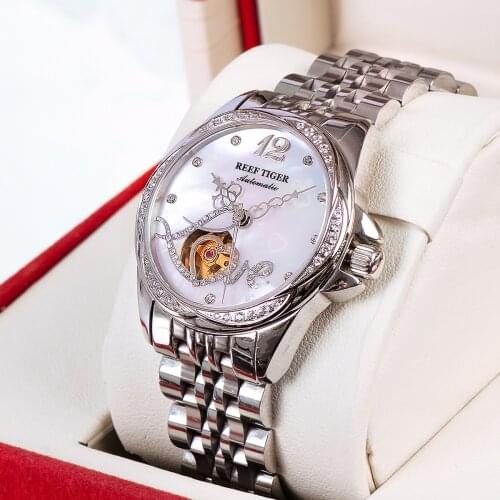 Reef Tiger/RT Luxury Automatic Flower Diamond Women Watch Waterproof Steel Bracelet Relogio Feminino Gift RGA1583