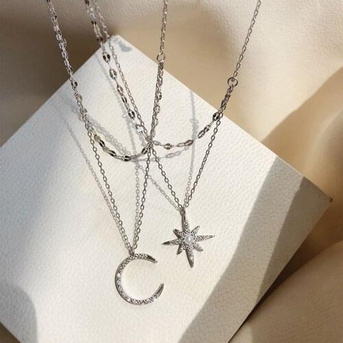 925 Sterling Silver Moon Star Choker Necklace for Women Double Layer CZ Party Jewelry Gifts S-N733