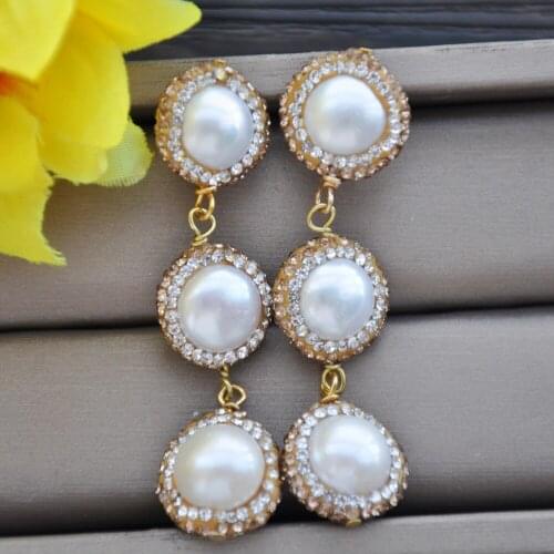 Z10532 15mm White Round Pearl All CZ Dangle Earring