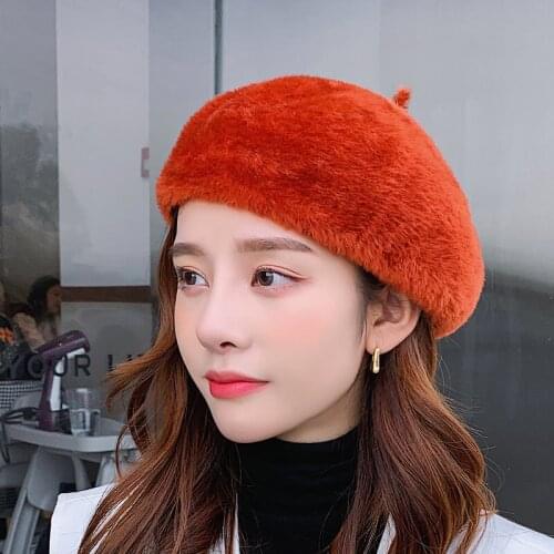 Hat Womens Autumn and Winter Solid Color Imitation Mink Velvet Warm Beret Japanese Casual All-match Literary Painter Hat