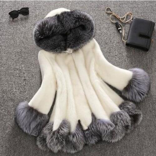 Women Mink Luxury Long Coats Imitation Faux Fur Jackets 2021 New Coat White Gray Outerwear with Fur Hat Female Thick Jacket Ins