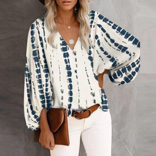 Vintage Lanterne Blouses À Manches Longues Chemises D'été Décontracté Fleur Géométrique Imprimé Hauts Élégant V-cou Lâche Chemis