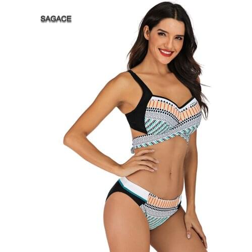 SAGACE Vintage Bikini Set Women Summer Split Swimsuit Sexy Ethnic print Padded Bra Bikini Swimwear Lady 2020 Beach biquini A521