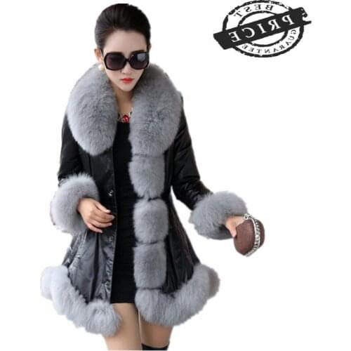 Winter Warm Womens PU Leather Jacket Faux Fox Fur Coat White Plus Size 5XL aXL 6XL Jaqueta De Couro Feminino Overcoat
