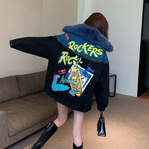 Женская куртка Winter Thicken Women Warm Jackets Fashion Streetwear Faux Rabbit Fur Liner Jean Coats Graffiti Chic Collar Coat