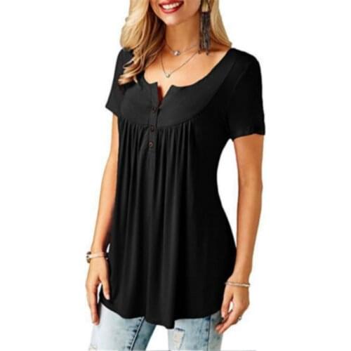 Women Fashion Solid Color Loose Pleated Casual Short Sleeve T-shirt Sumemr Button V-Neck Soft Pullover Tops 2020 Newest Trendy