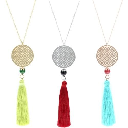 Creative Personality Round Geometric Pattern Necklace Tassel Pendant Ladies Long Sweater Chain Handmade Necklace