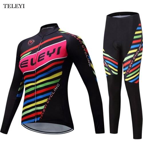 TELEYI Team Pro Team Womens Bike Wear Riding Ropa Ciclismo Cycling Clothes Jersey&Bib Pants Set Long Sleeve Cycling Suit