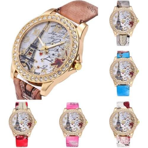 Women Eiffel Tower Rhinestone Faux Leather Strap Round Dial Analog Quartz Watch