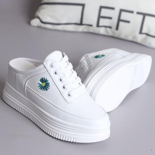 8cm Heel Slippers for Women Summer New Korean Version of No Heel Thick Bottom Pedal Platform Flats Womens White Shoes Sneakers