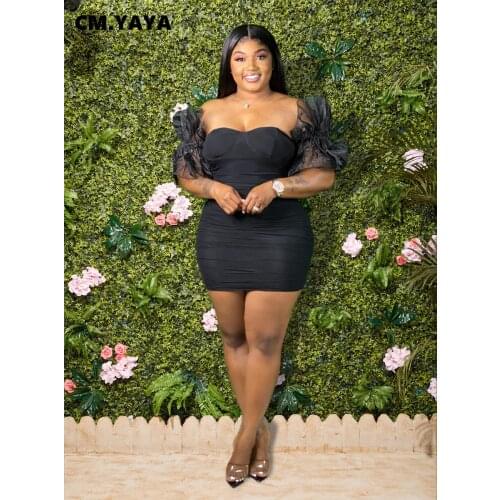 CM.YAYA Women Mini Dress Solid Short Sleeve Strapless Back Zip Dresses Skinny Elastic Slim Empire Dress Sexy Night Party Clothes