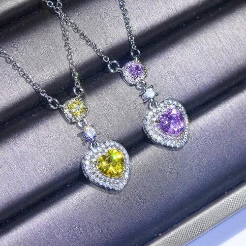 Exquisite Luxury 925 Sterling Silver Necklace For Women Engagement Jewelry Shiny Zircon Pink Heart Necklaces Lady Gifts KOFSAC