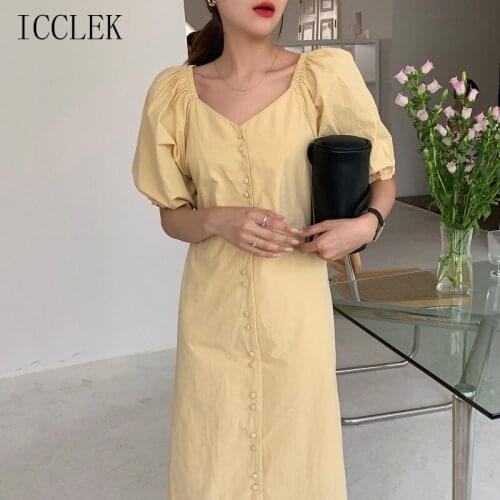 2021 Summer New Korean Chic One-Piece WomenS Dress Elegant French Style V-Neck Single-Breasted Puff Sleeve Midi Dresses Female