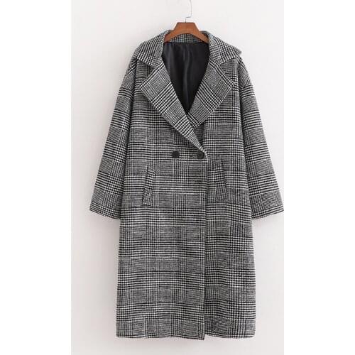 Vintage Double Breasted Plaid Woolen Coats Women Fashion Turn Down Collar Jackets Elegant Ladies Pockets Long Coats
