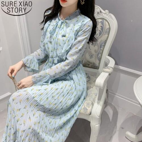 Pleated Dress Sweet Bow Chiffon Dress Women Autumn Long Sleeve Floral Print High Waist Flare Sleeve Dresses Casual Vestidos 8697