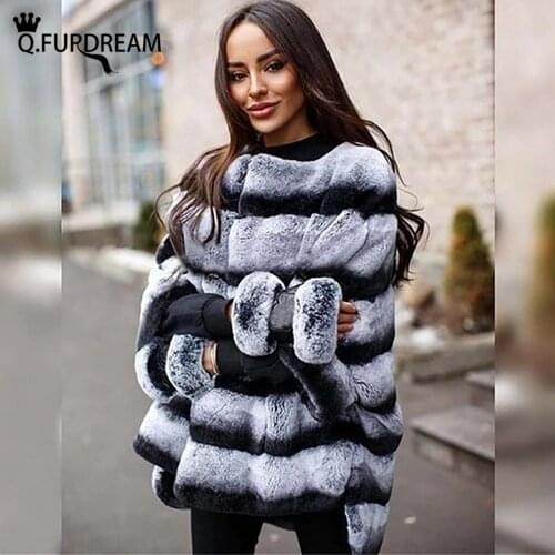 Q.FURDREAM Natural Rex Rabbit Fur Coat Chinchilla Color Winter Warm O-Neck Strips Overcoats Bat Sleeves Outerwear Customize