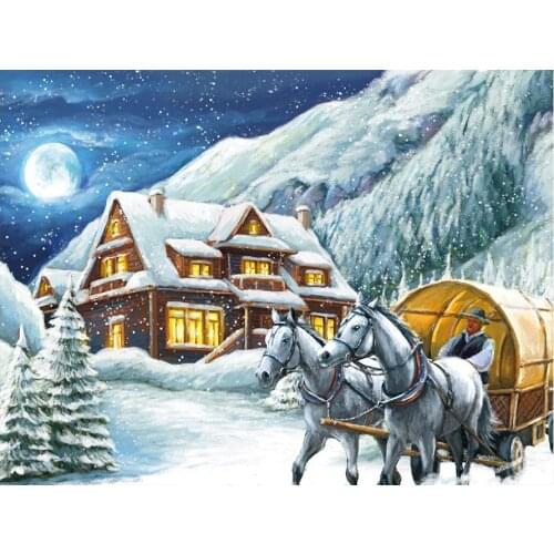 Winter Snow Mountain Wooden House Carriage Diamond Painting Round Square Full Drill DIY Mosaic Embroidery Scenic Cross Stitch