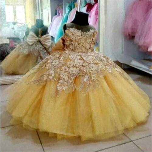 Gold Baby Girl Dresses Sheer Neck Ball Gown 3D Applique Lace Communion Pageant Dresses Infant Girl Birthday Party Gown
