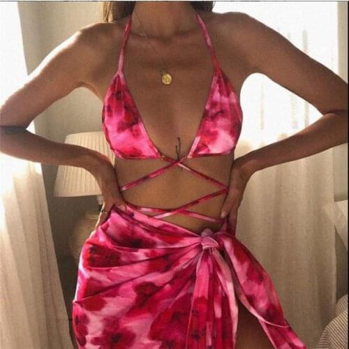 2021 3Pcs Womens Bikini Suit with Cover Up Tie-dyed Lace-up Bandage Split Swimsuit Push Up Halter Swimwear Summer Bathing Suit