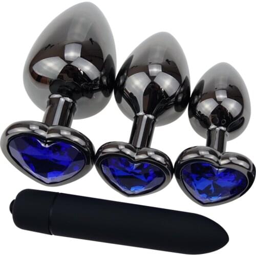 3 Size Black Metal Anal Plug Blue Heart Crystal Base Smooth Butt Beads Anus Bead Ball Plugs Dilator