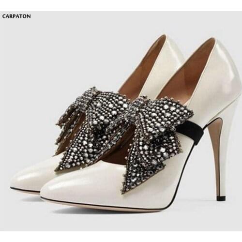 Carpaton Bling Bling Crystal Butterfly-knot High Heel Shoes 2018 Woman Sexy Pointed Toe Pumps PU leather Thin Heels Wedding Shoe