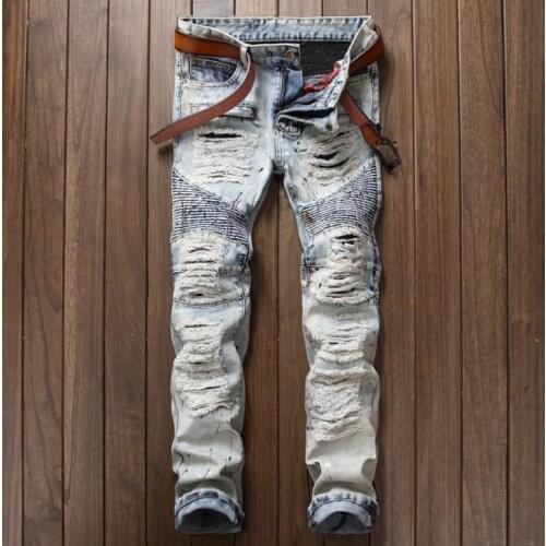 New Hole Patch Retro biker jean mens pants Slim fit Straight jeans streetwear pantalones hombre jeans para hombre blue autumn