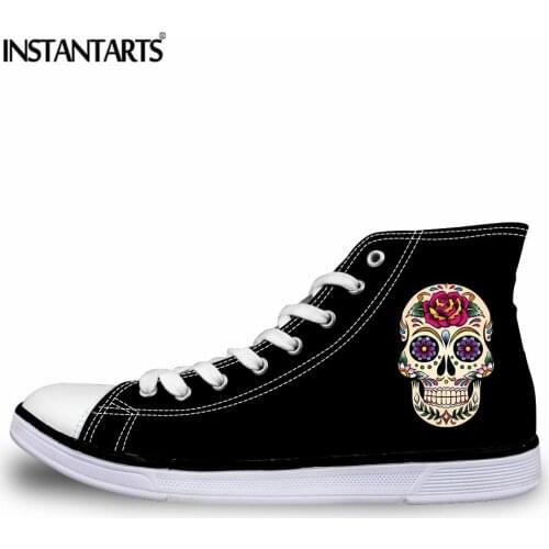 INSTANTARTS Punk Skull Print Women High Top Vulcanize Shoes Cool Design Classic Black Canvas Shoes for Girls Student Flat Shoes