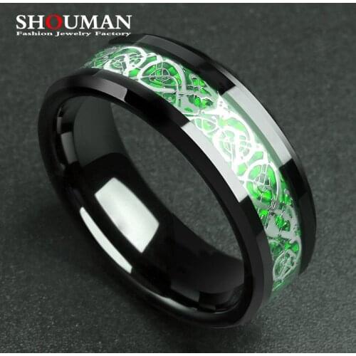 SHOUMAN 4 Real Carbon Fiber Dragon Stainless Steel Wedding Ring Custom Engrave Name for Men Women Lover Couple Charm Gift