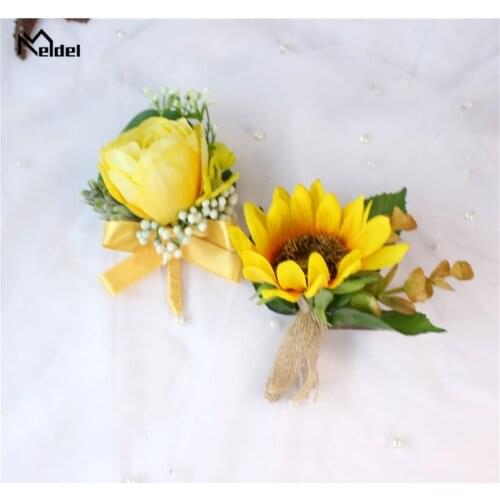 Meldel Corsage Bracelet Bridesmaids Flower Artificial Flower Yellow Wedding Groom Boutonniere Silk Flower Brooch Marriage Corsge