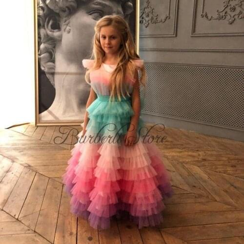 Sweet Little Girls Rainbow Tiered Ruffles Tulle Dresses 2021 Pretty Bow Long Flower Girl Dresses Colorful Communion Dresses