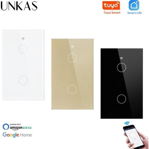 UNKAS US Standard Luxury Glass Panel 2 Gang 1 Way Wall Touch Switch Tuya Smart Life APP Null and Fire Line WIFI Smart Switch