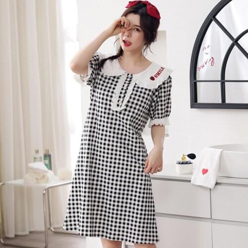2021 New Nightdress Womens Summer Thin Short Sleeve Dress Pajamas Korean Black Plaid Sweet 100% Cotton Home Wear Plus Size