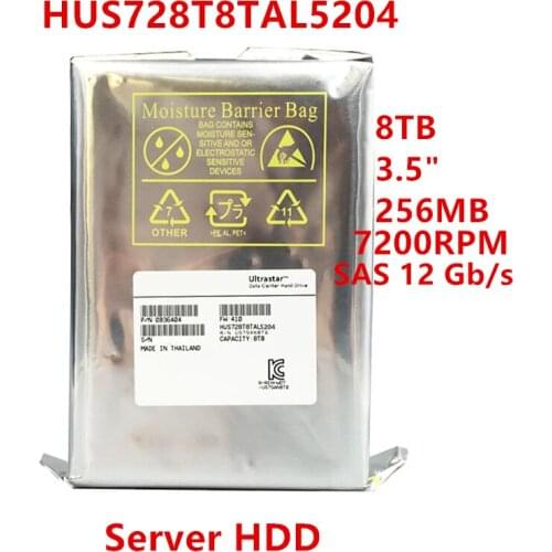 New HDD For WD Brand 8TB 3.5" SAS 12 Gb/s 256MB 7200RPM For Internal Hard Disk For Enterprise Class HDD For HUS728T8TAL5204
