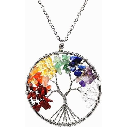 1PC Colorful Chakra Quartz Stone Tree of Life Pendant Necklace for Women Healing Crystal Necklaces Pendant Natural Reiki Jewelry