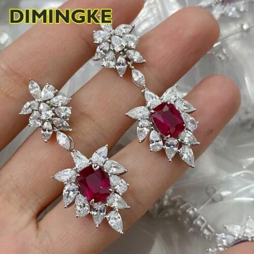 DIMINGKE 8*10MM Natural Ruby Super Flash Earrings S925 Sterling Silver Womens Jewelry Party Wedding Anniversary Gift