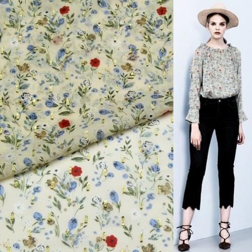 Floral print on yellow bottom silk georgette gauze fabric with gold line,SCG460