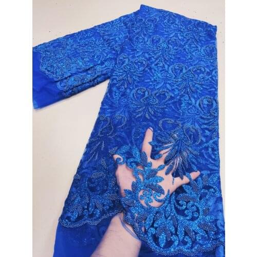 Blue Lace Fabric 2021 High Quality Lace With Beads Latest African Embroidery Tulle Lace Fabric Nigerian Lace For Wedding 5yard